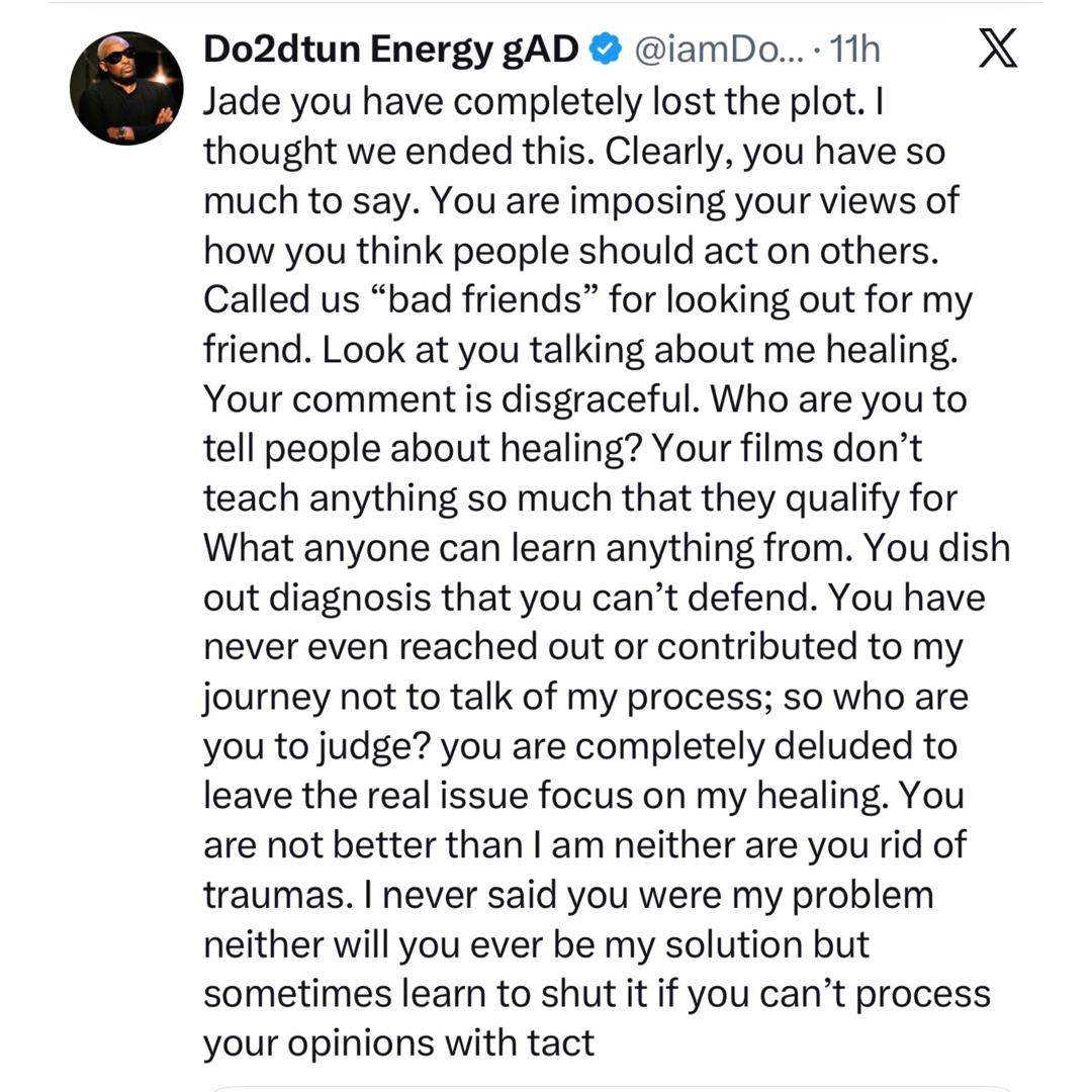 OAP Dotun clashes with movie producer Jade Osiberu after she called out Roby Ekpo